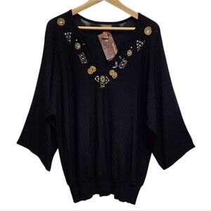 Multiples Top Womens L Black Beaded Embellished V Neck 3/4 Slv Pullover Stretchy